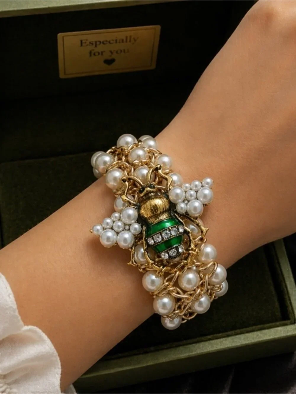 Gold Pearl Bracelet with Green Bee Accent